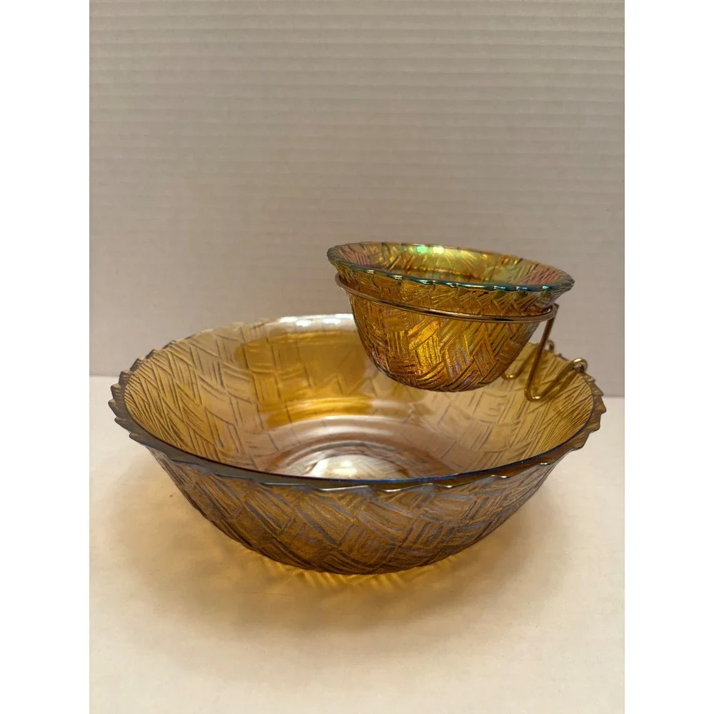 Indiana Glass Amber Tiara Sandwich Carnival Glass Chip and Dip Set 2 Piece‎